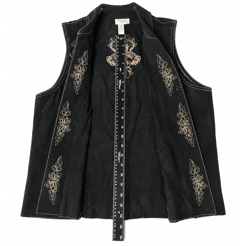 Coldwater Creek Leather Vest Womens L Black Floral Embroidered Zip Boho Western
